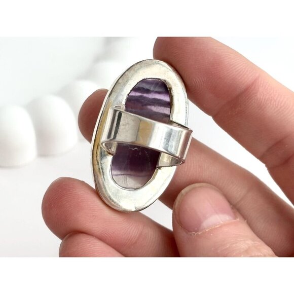 XL Purple Flourite Gemstone Vintage Solitaire Sterling Silver Ring - sz 6 - Picture 7 of 10